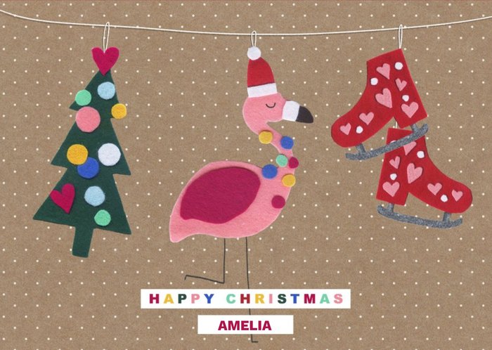 Felt Tree, Skates And Flamingo Christmas Card