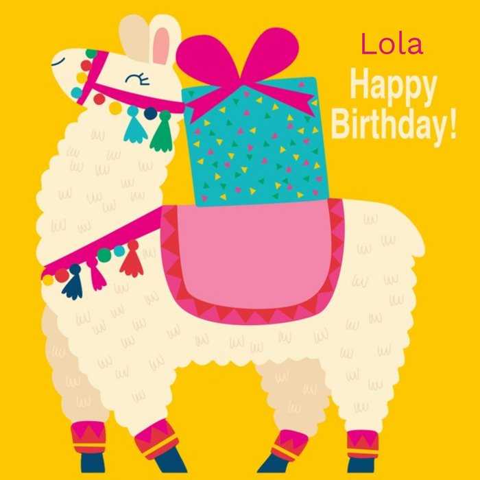 Colourful Cartoon Illustration Of A Llama Carrying A Present Birthday Card