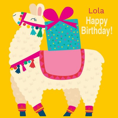 Colourful Cartoon Illustration Of A Llama Carrying A Present Birthday Card