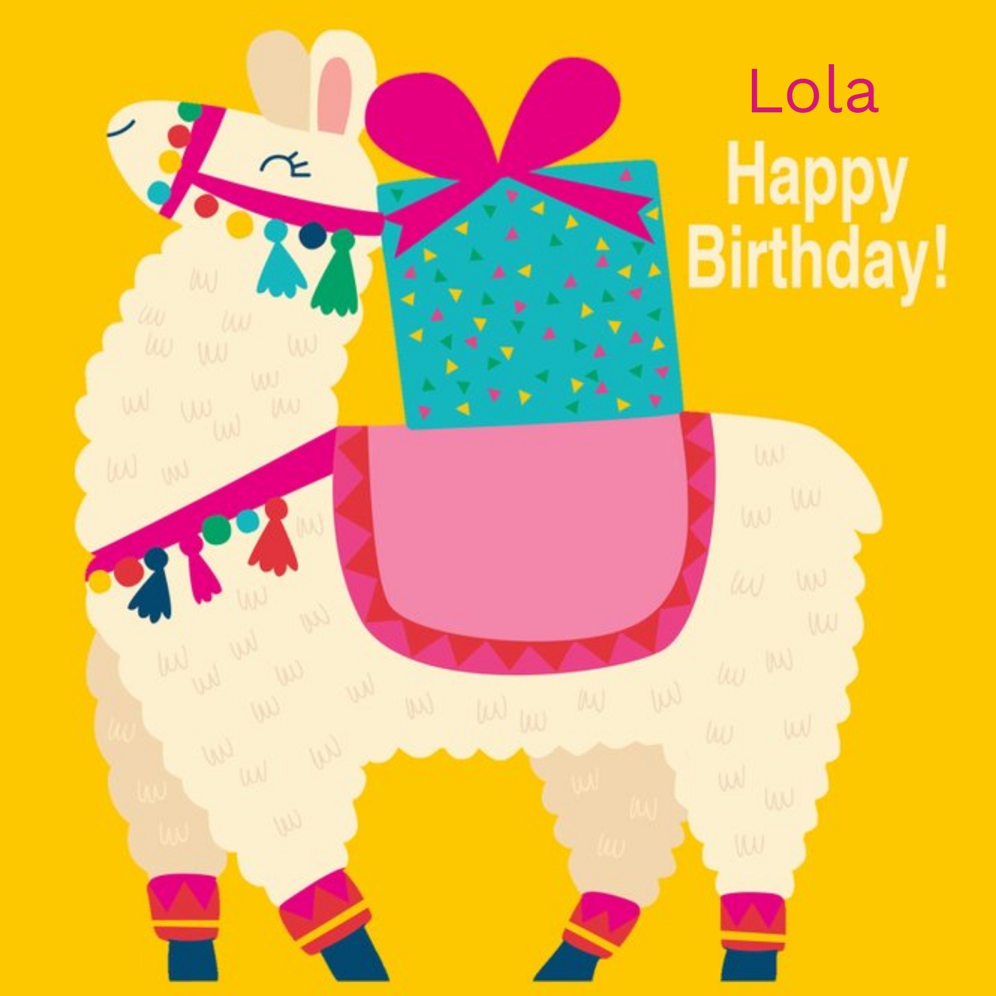 Moonpig Colourful Cartoon Illustration Of A Llama Carrying A Present Birthday Card, Square