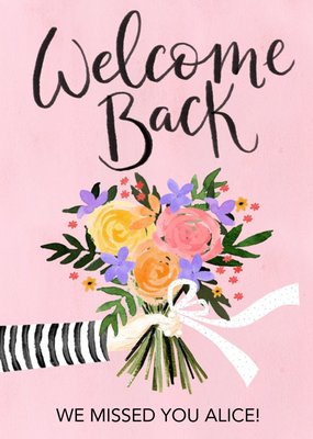 Illustration Of A Bouquet Of Flowers On A Pink Background Welcome Back Card