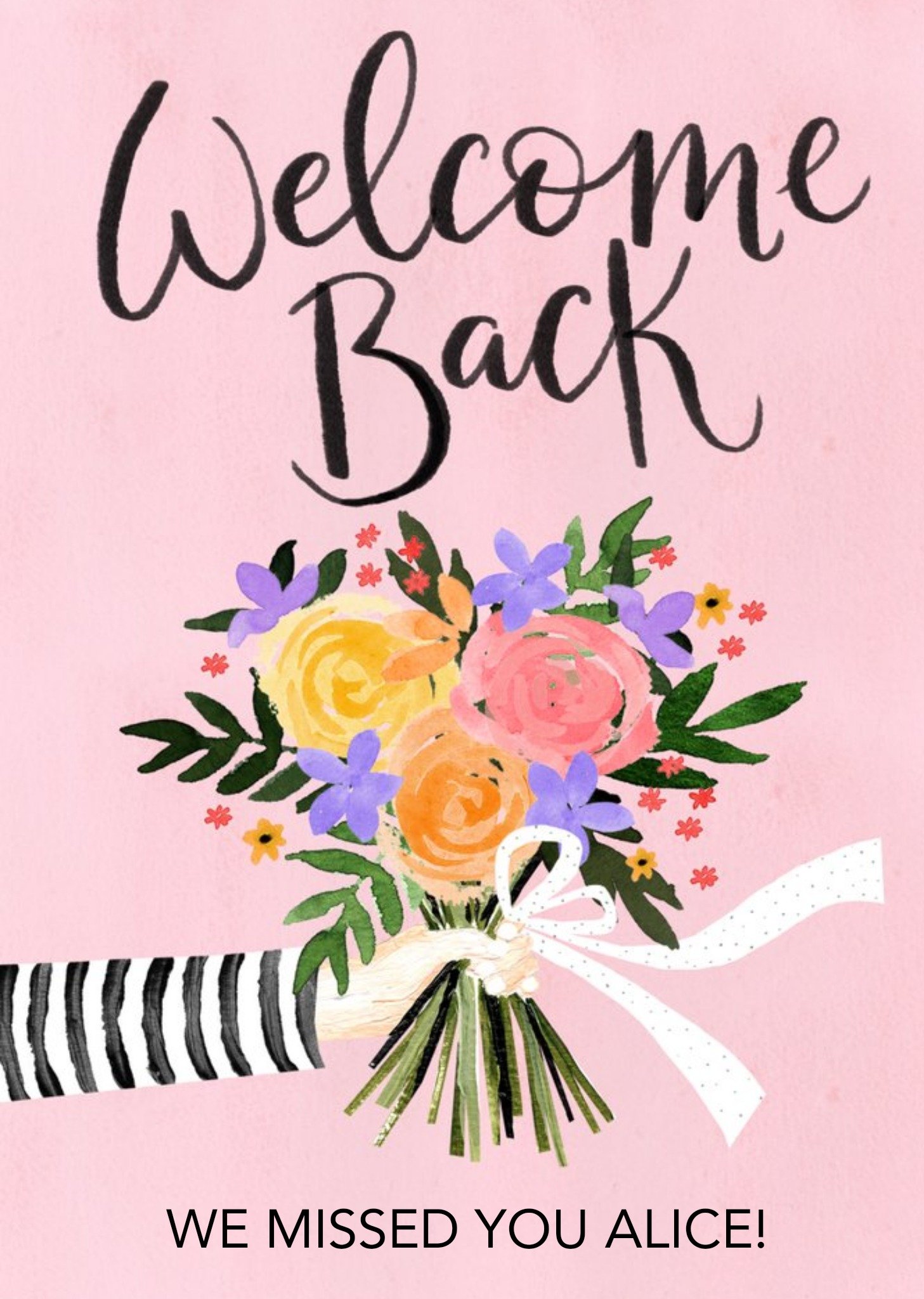 Okey Dokey Design Illustration Of A Bouquet Of Flowers On A Pink Background Welcome Back Card Ecard