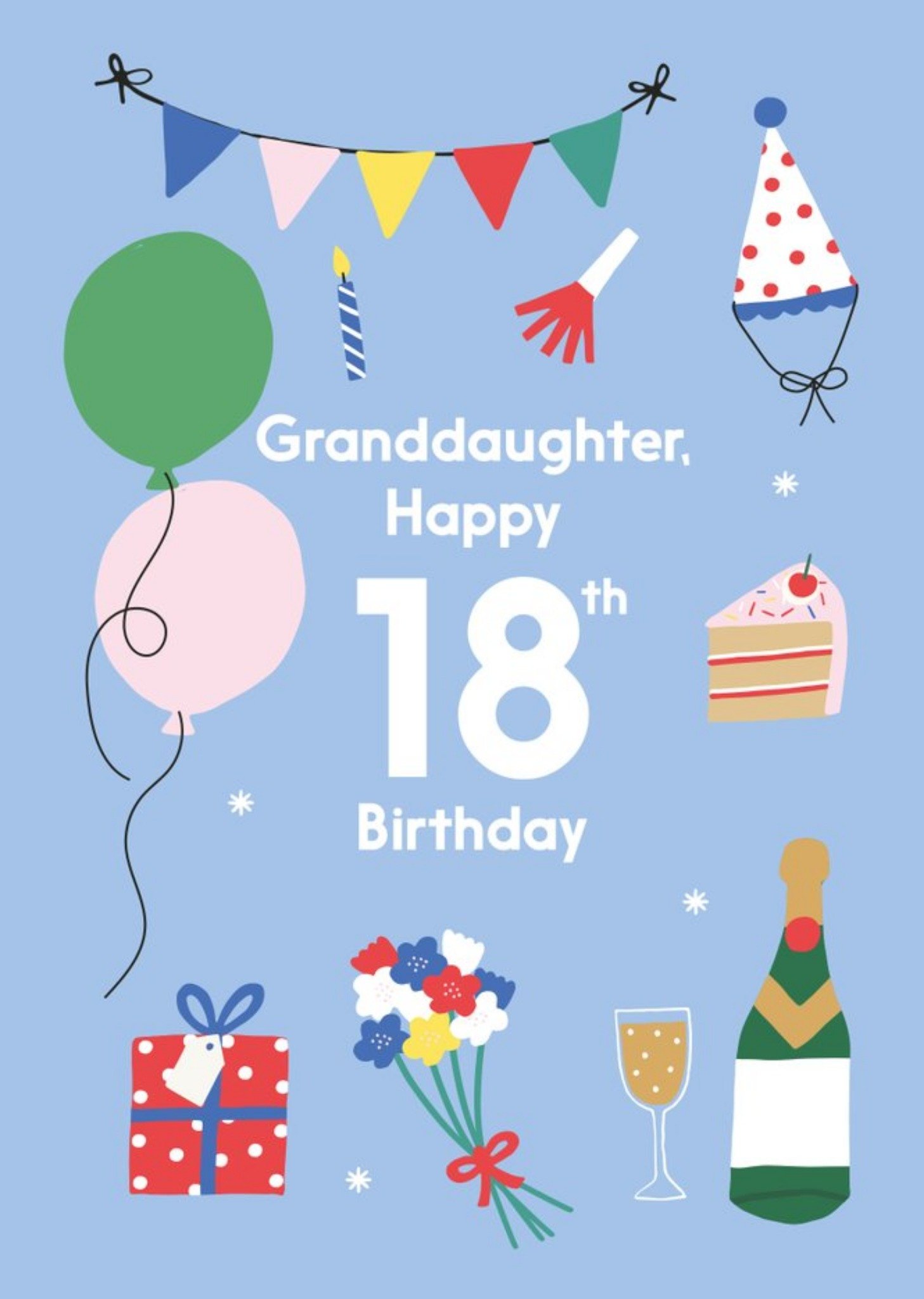 Illustrated Cute Party Balloons Granddaughter Happy 18th Birthday Card Ecard