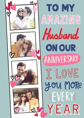 Photo Strip With Hearts And Various Typography Husband's Photo Upload Anniversary Card