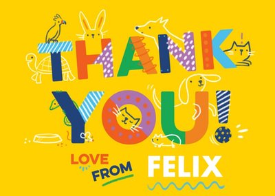 Fun Typography With Various Illustrations Of Pets On A Yellow Background Thank You Photo Upload Card