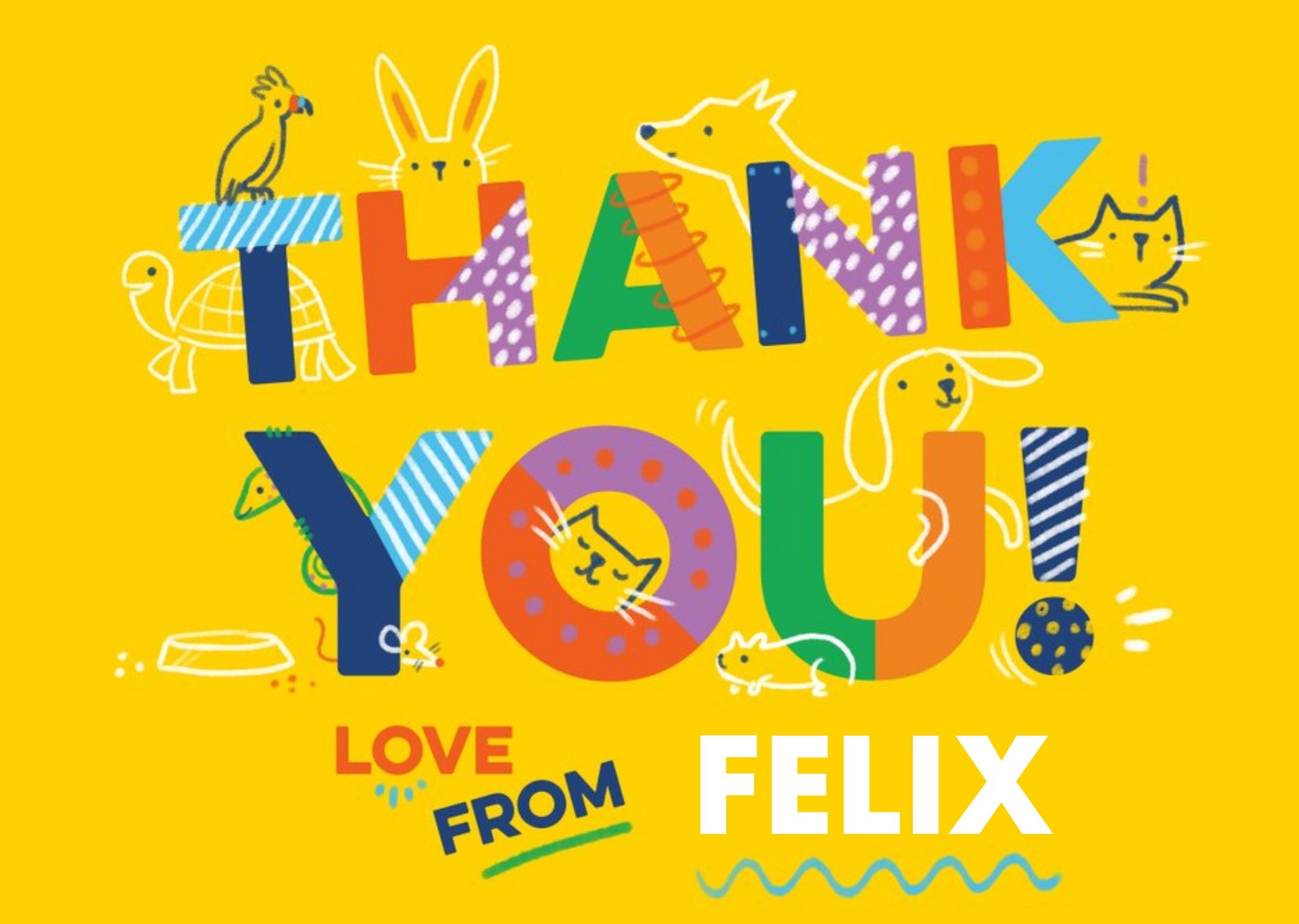 Fun Typography With Various Illustrations Of Pets On A Yellow Background Thank You Photo Upload Card Ecard