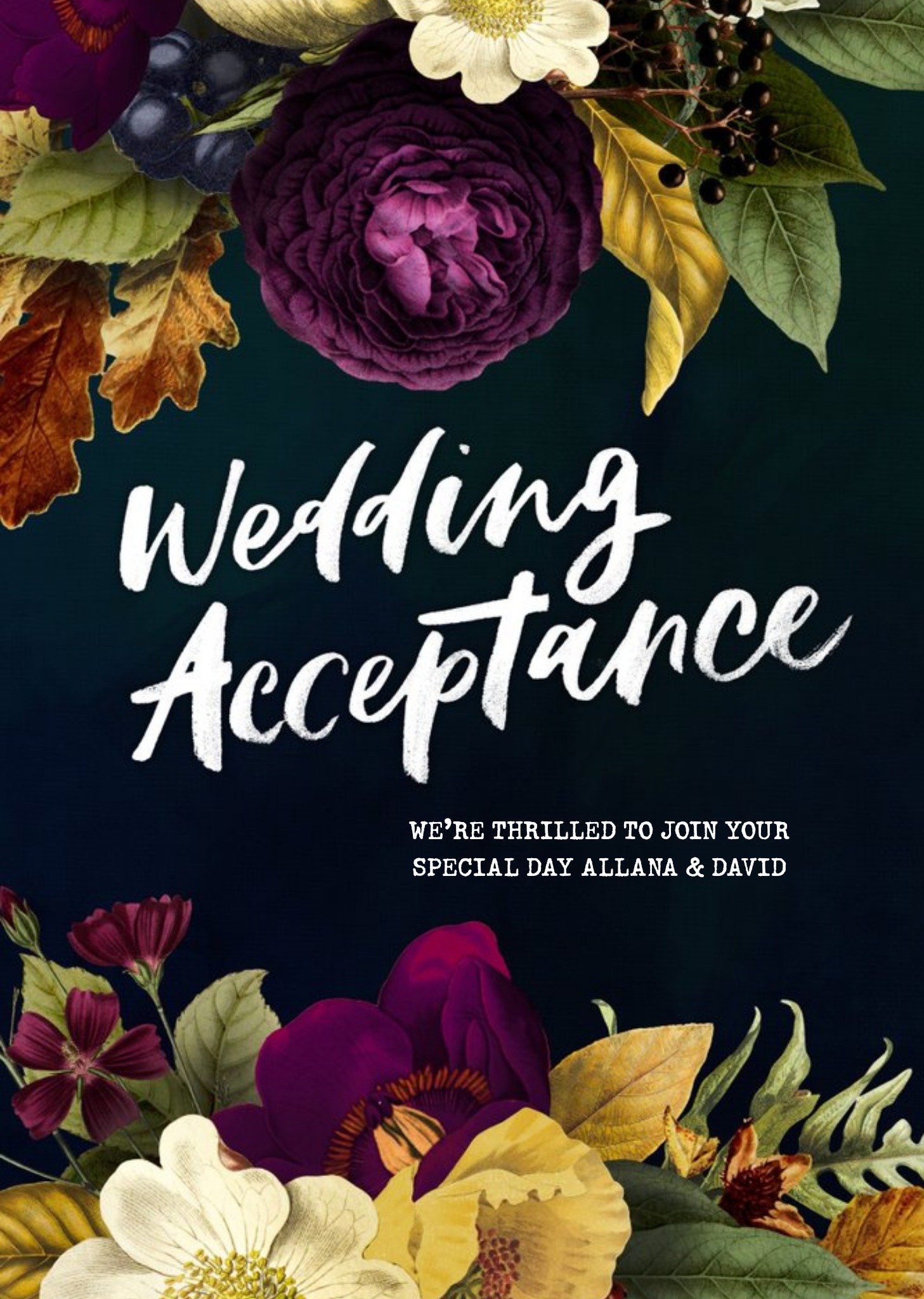 Moonpig Belles Fleurs Floral Wedding Acceptance Personalised Card Ecard