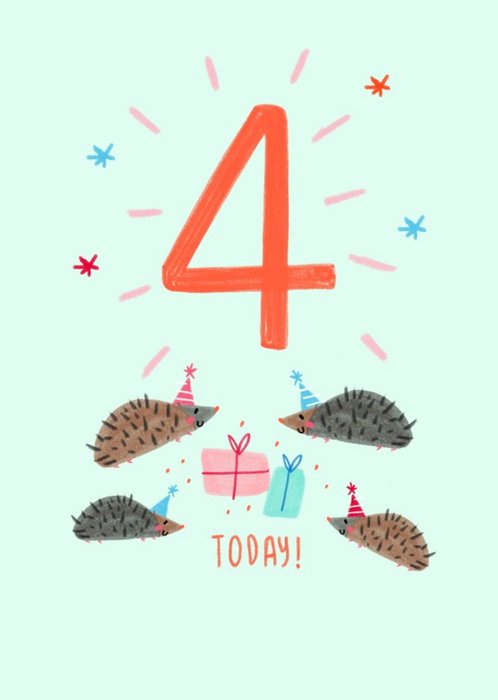 Cute Illustrated Hedgehogs Party 4 Today Birthday Card
