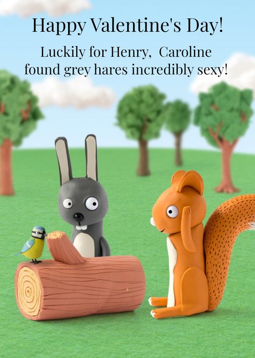 Grey Hare And Squirrel Funny Caption Personalised Valentine's Day Card