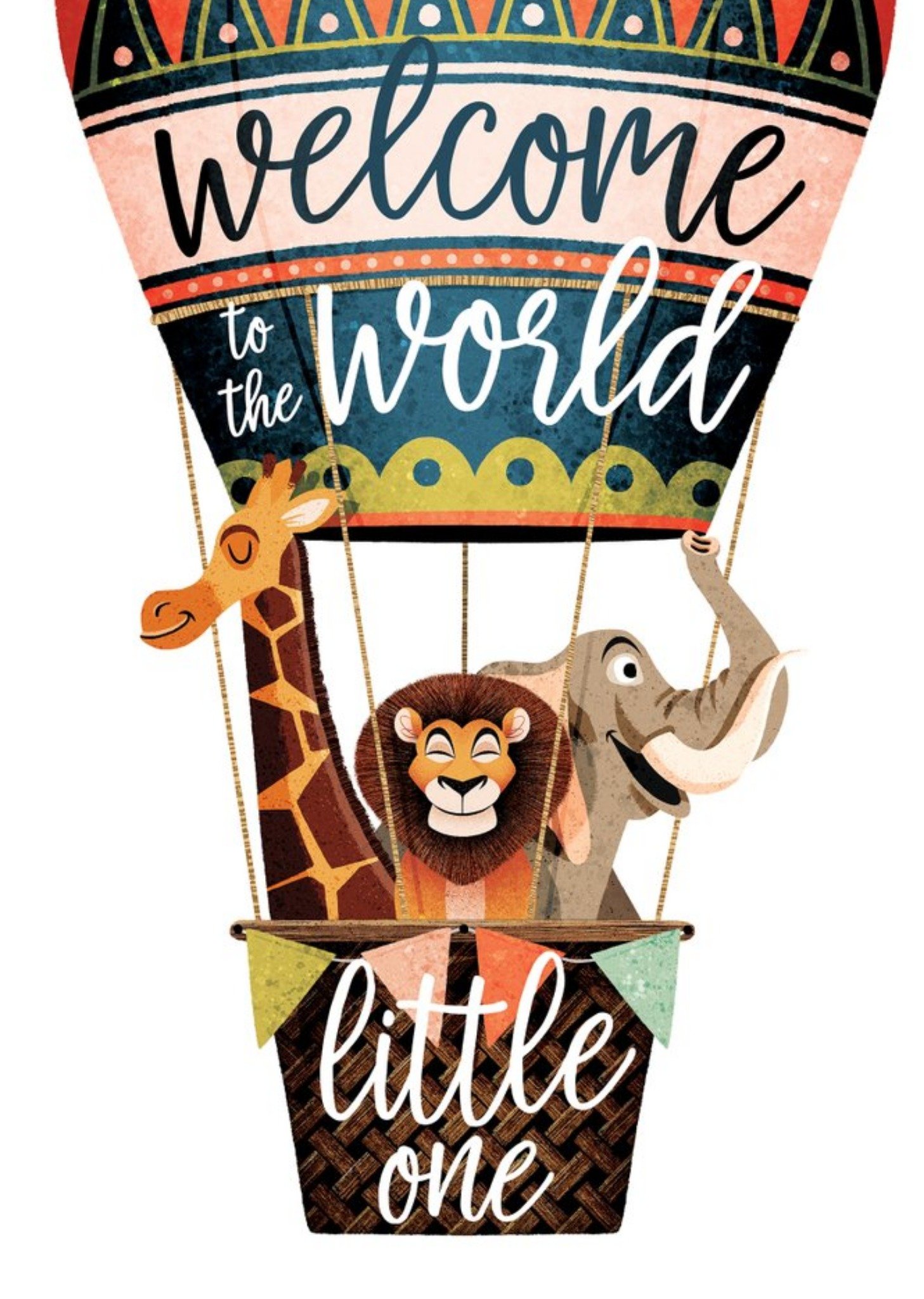 Moonpig Illustrated Hot Air Balloon Full Of Zoo Animals Welcome To The World Little One, Large Card
