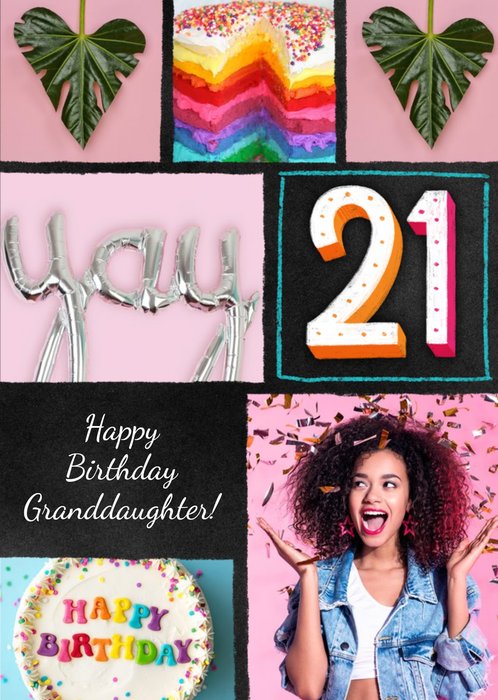 Colourful Typographic Granddaughter 21st  Photo Upload Birthday Card