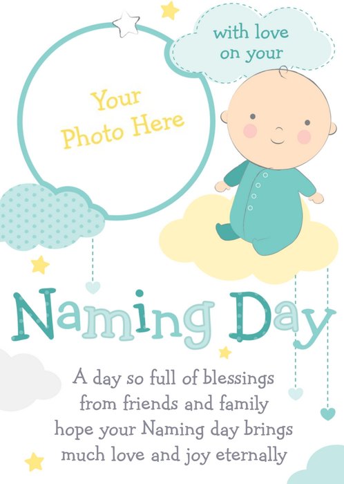 Cartoon Baby In The Clouds Naming Day Photo Card