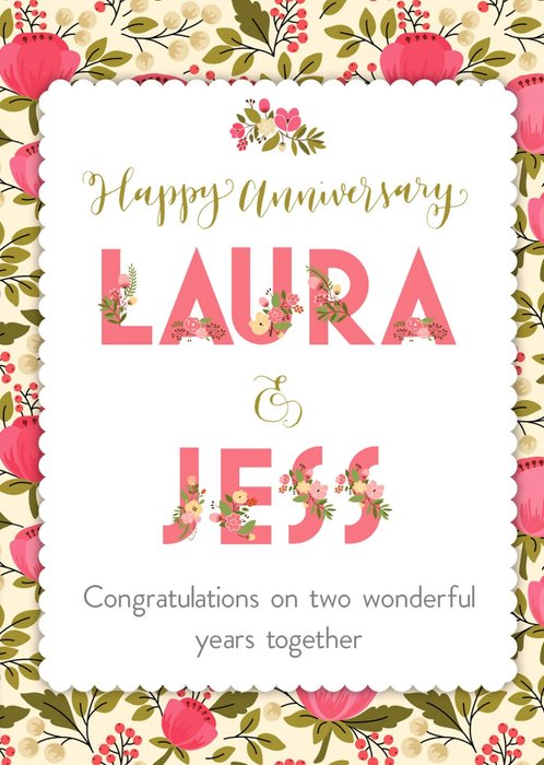 Personalised Bright Pink Flowers Happy Anniversary Card