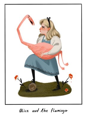 Illustration Of Alice In Wonderland With A Pink Flamingo Birthday Card
