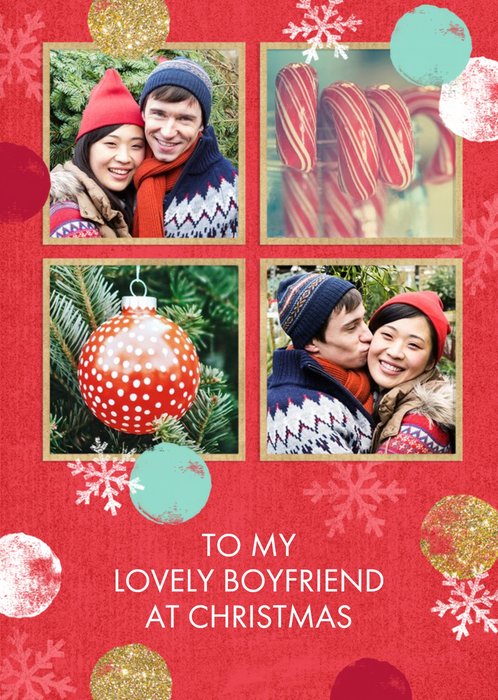 Red And Gold 4 Square Personalised Photo Upload Christmas Card For Boyfriend