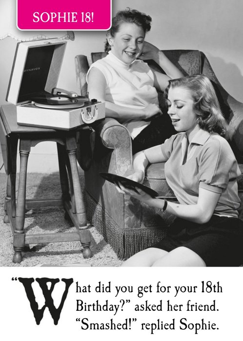 Vintage Photograph Of Two Girls Chatting And Listening To Records Humorous Eighteenth Birthday Card