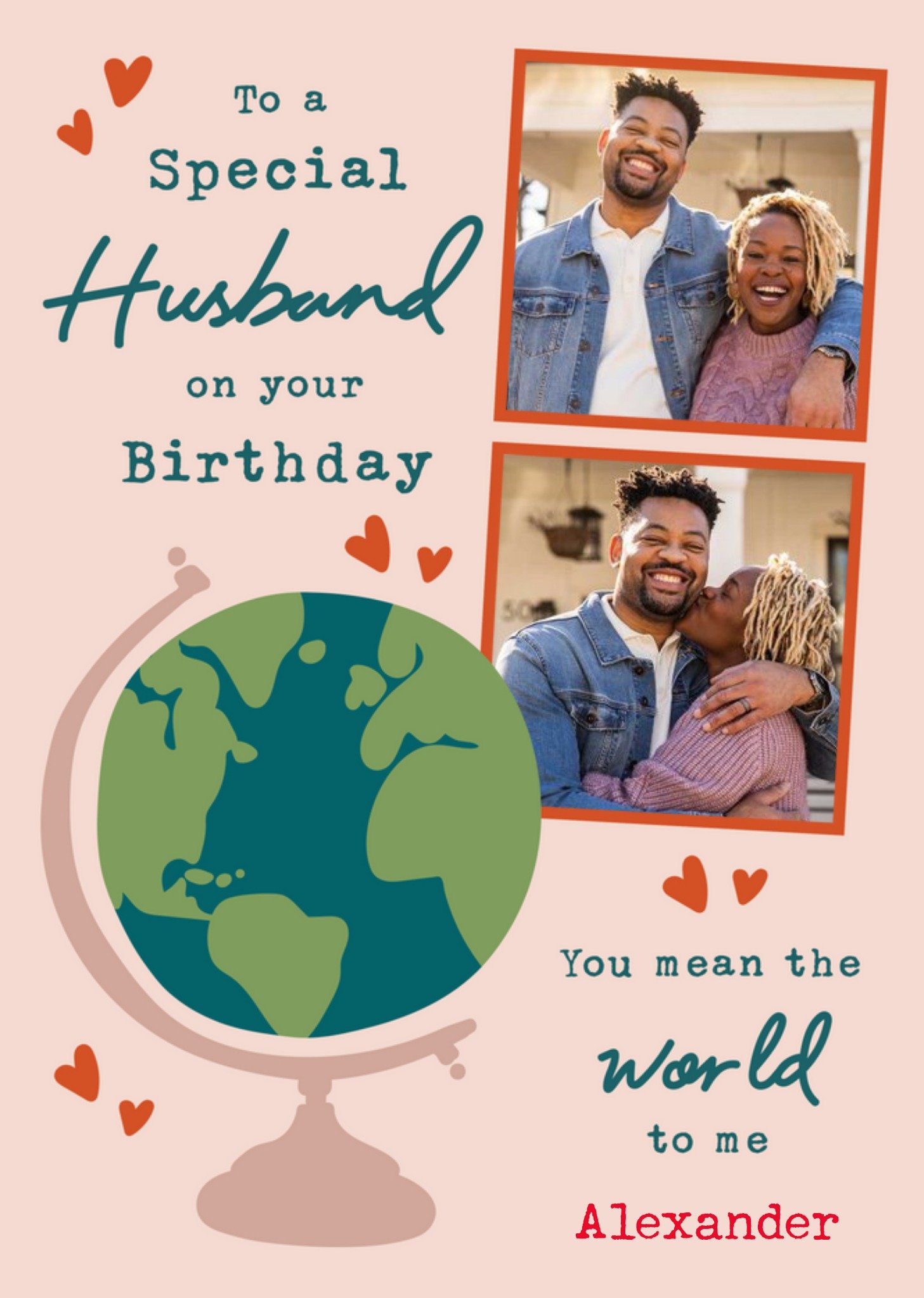 Illustration Of A Globe Surrounded By Hearts Husband's Photo Upload Birthday Card Ecard