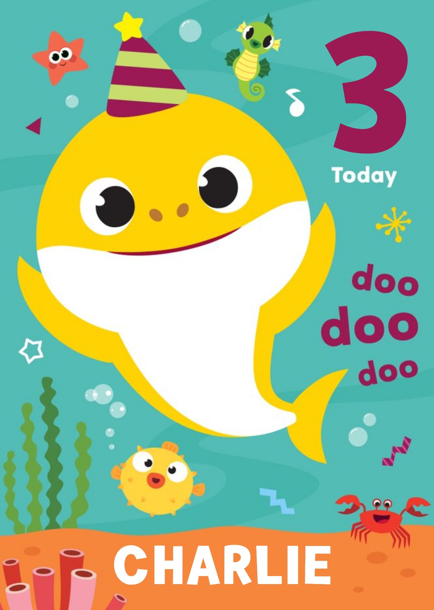 Baby Shark Song Kids 3 Today Birthday Card, Large