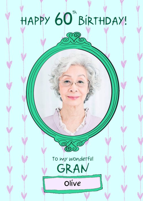 Photo Upload Illustrated Oval Green Frame Gran 60th Birthday Card