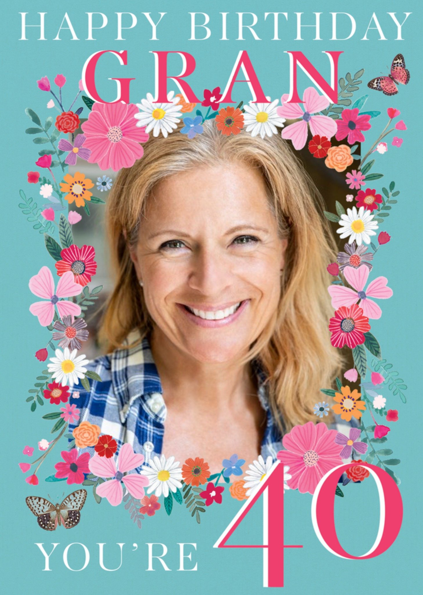 Moonpig Floral Wreath Design Happy Birthday Gran You're 40 Photo Upload Card Ecard