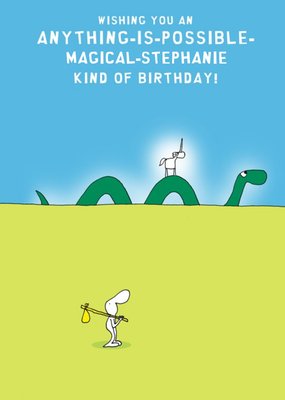 Illustration Of A Character Standing In A Field While A Unicorn Rides On A The Lochness Monster Birthday Card