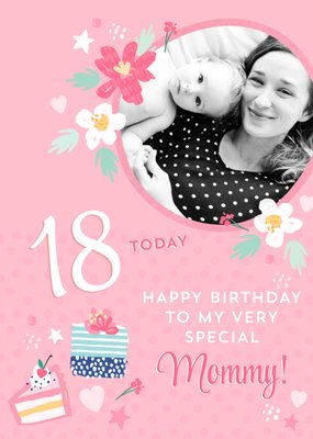 Pink Floral Photo Upload Birthday Card