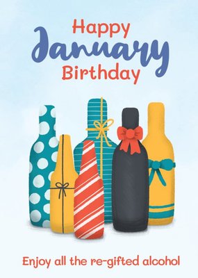 Illustration Of Individually Wrapped Bottles Of Alcohol Happy January Birthday Card