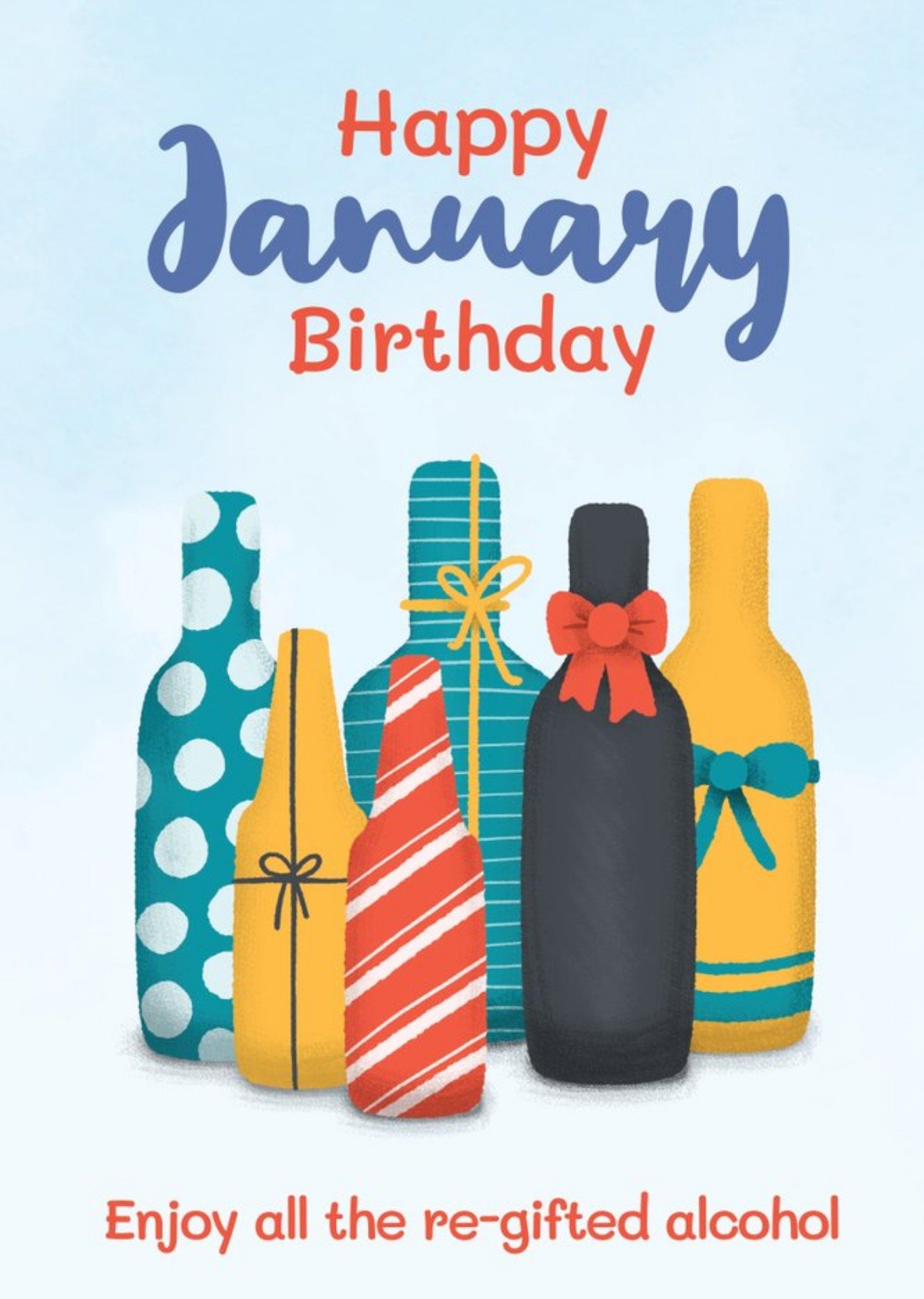 Moonpig Illustration Of Individually Wrapped Bottles Of Alcohol Happy January Birthday Card Ecard