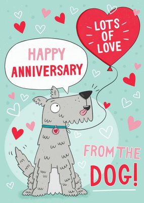 Illustration Of A Dog With A Heart Shaped Balloon Surrounded By Hearts From The Dog Anniversary Card