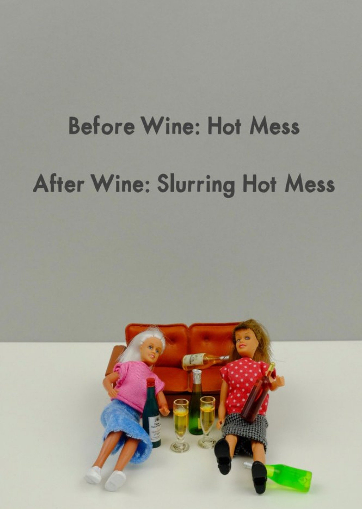 Bold And Bright Funny Photographic Female Figurines Sat On The Floor With Alcohol Humour Card