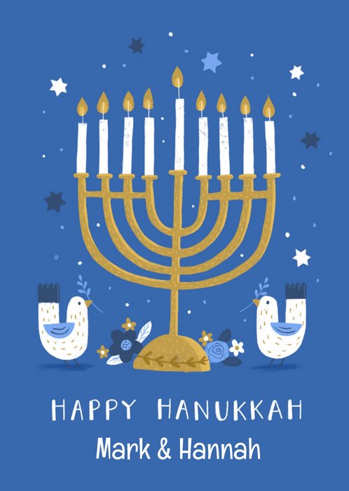 Celebratory Illustrated Menorah Candelabra And Doves Hanukkah Card