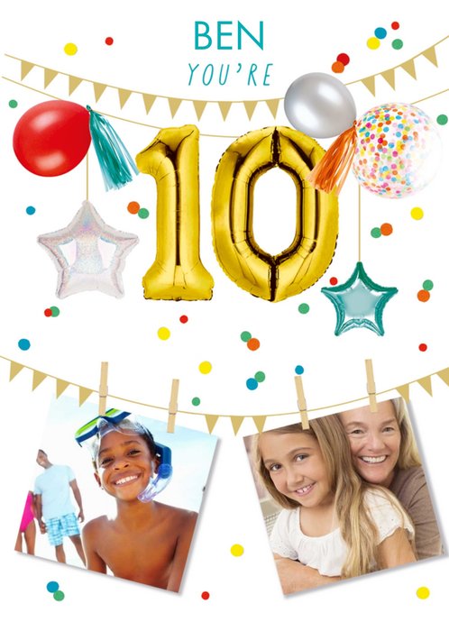 Party Themed Display Of Balloons With Two Photo Uploads Tenth Birthday Card
