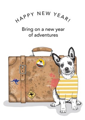 Dotty Dog Art Illustrated Dog and Suitcase Happy New Year Card