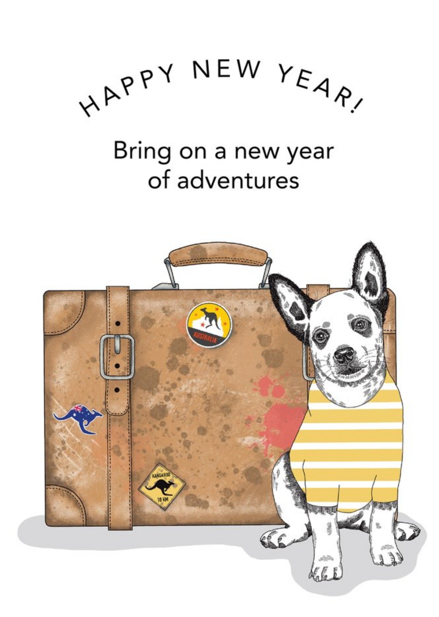 Moonpig Dotty Dog Art Illustrated Dog And Suitcase Happy New Year Card Ecard