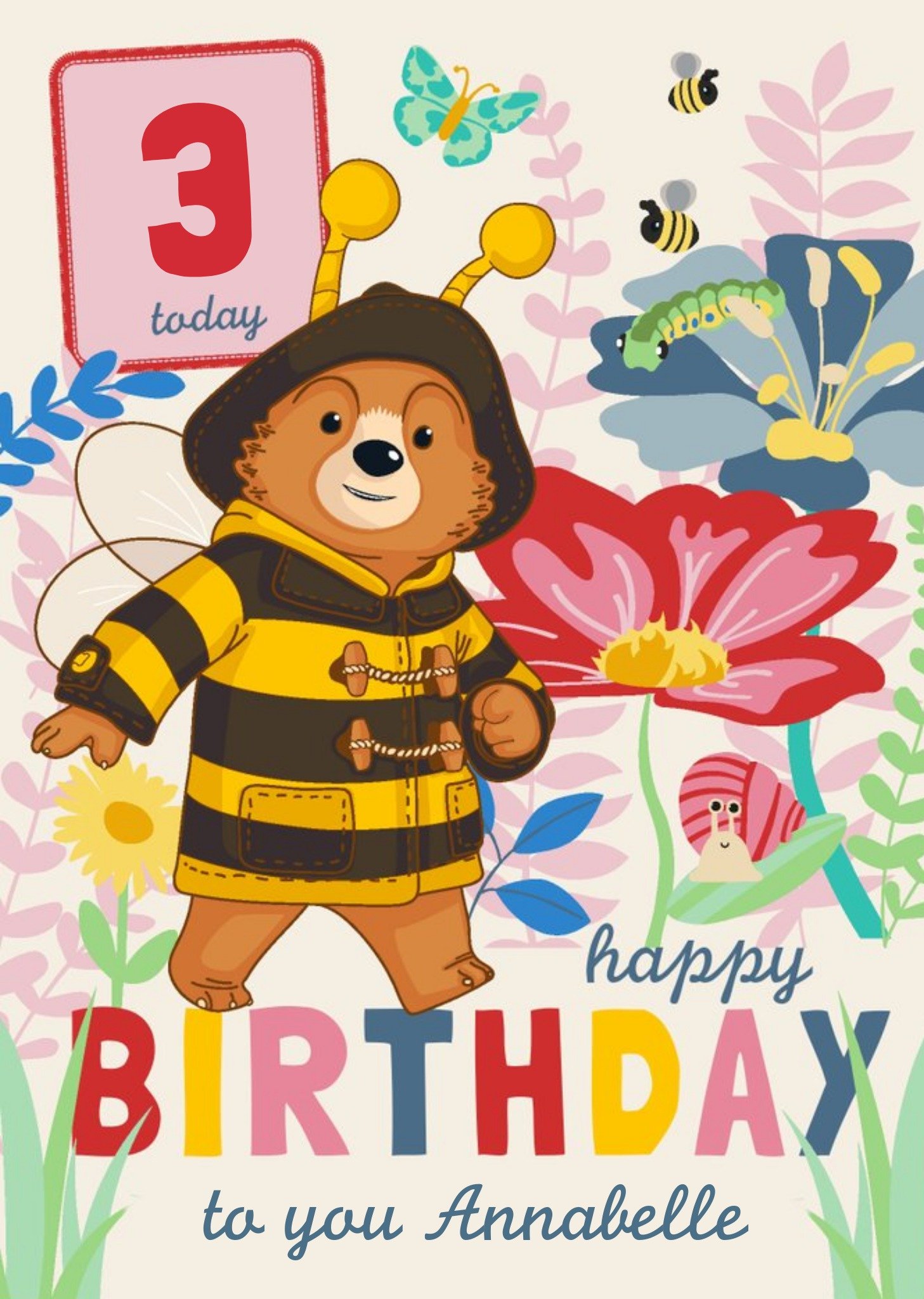 Paddington Bear Bumblebee Paddington Personalised Age 3 Today Birthday Card, Large
