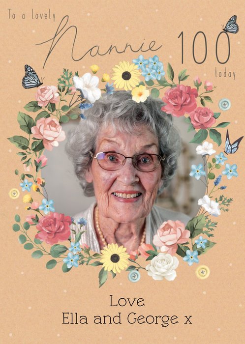 Floral Wreath Design To A Lovely Nannie 100 Today Photo Upload Card
