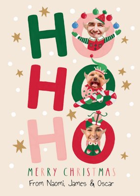 Ho Ho Ho Typography Bauble And Candy Cane Photo Upload Christmas Card