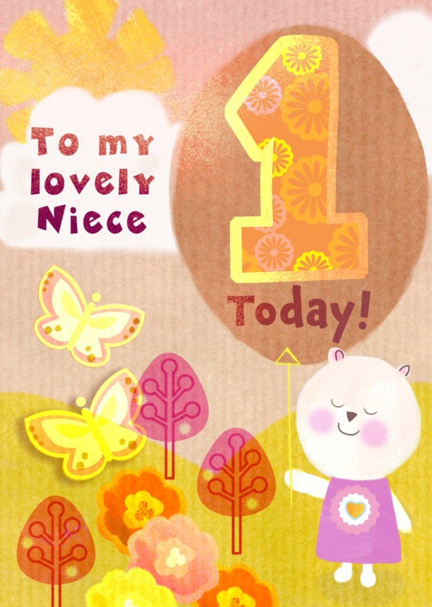 Moonpig Bear And Butterflies To My Lovely Niece 1 Today Birthday Card Ecard