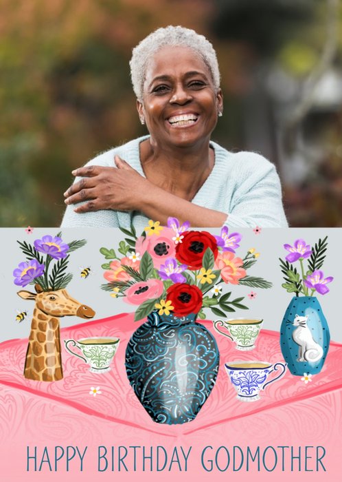 Okey Dokey Design Illustrated Vases And Tea Cups Happy Birthday Godmother Photo Upload Card