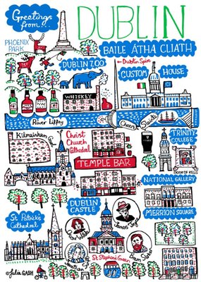 Vibrant Collage Illustration Of Famous Dublin Landmarks Greetings From Dublin Card