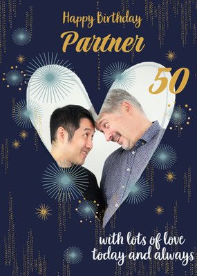 Illustrated Gold Patterns Heart Photo Upload Partner 50th Birthday Card