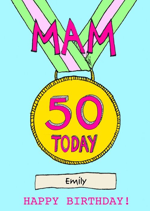Illustrated Gold Medal Mam 50th Birthday Card