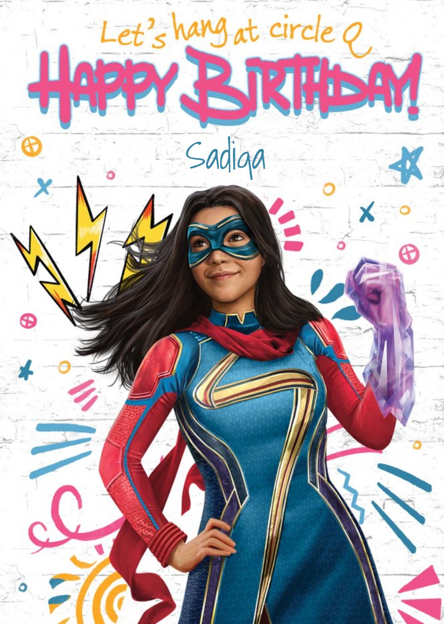 Photographic Image Of Ms Marvel Surrounded By Colourful Graphics Ms Marvel Birthday Card Ecard
