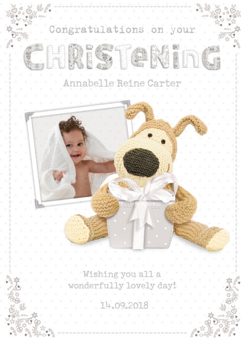 Boofle With A Grey Present Personalised Christening Card