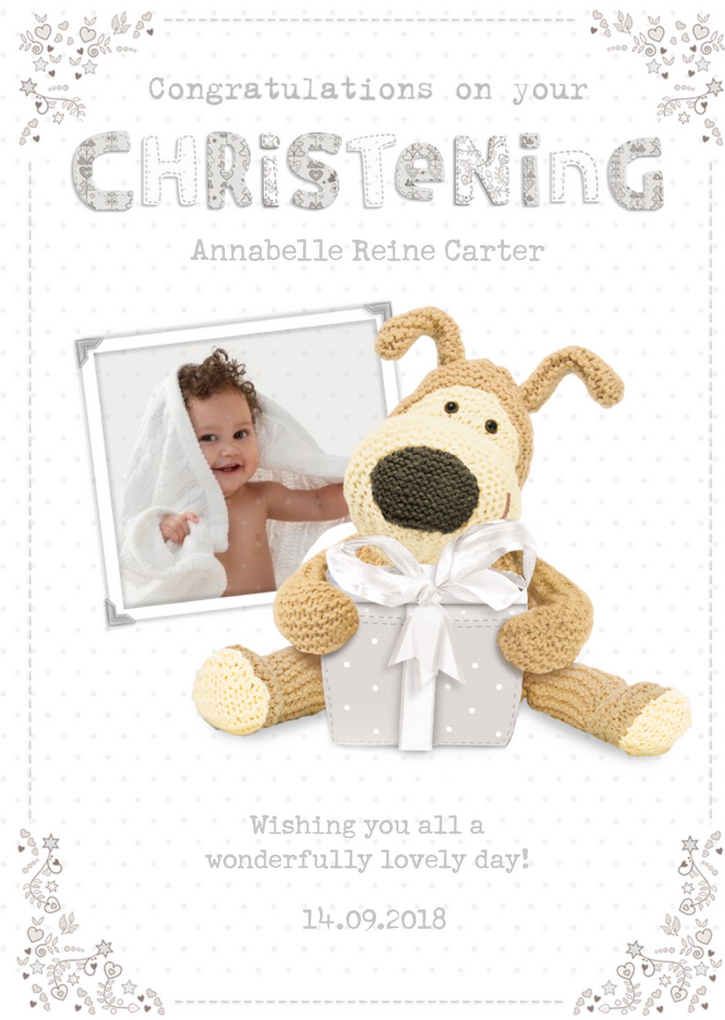 Boofle With A Grey Present Personalised Christening Card, Large