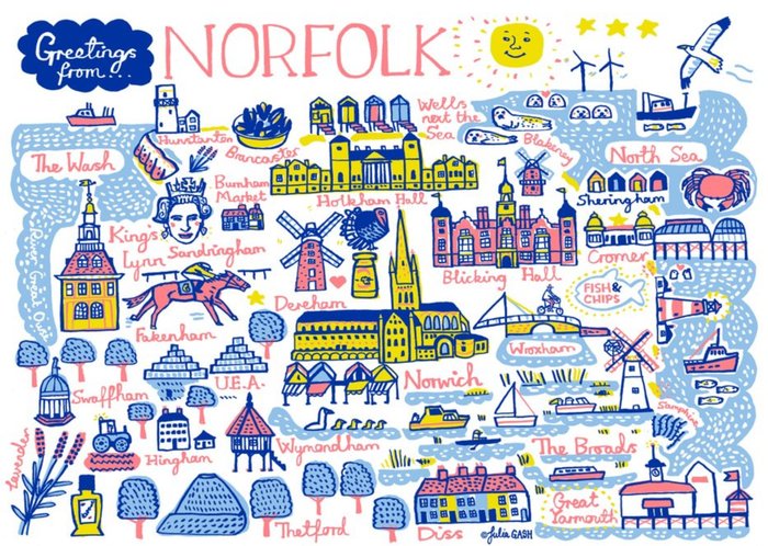 Illustrated Scenic Map Greetings From Norfolk Card