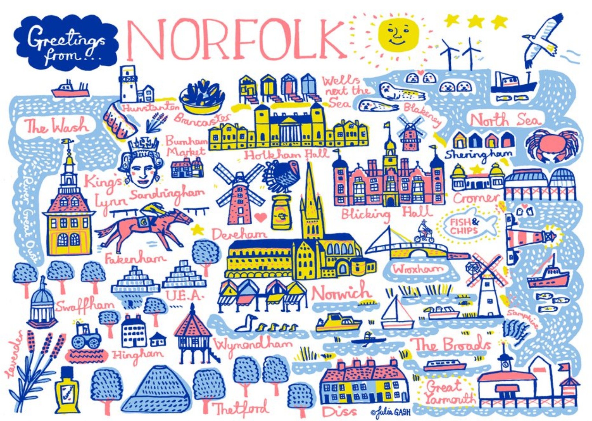 Moonpig Illustrated Scenic Map Greetings From Norfolk Card, Large