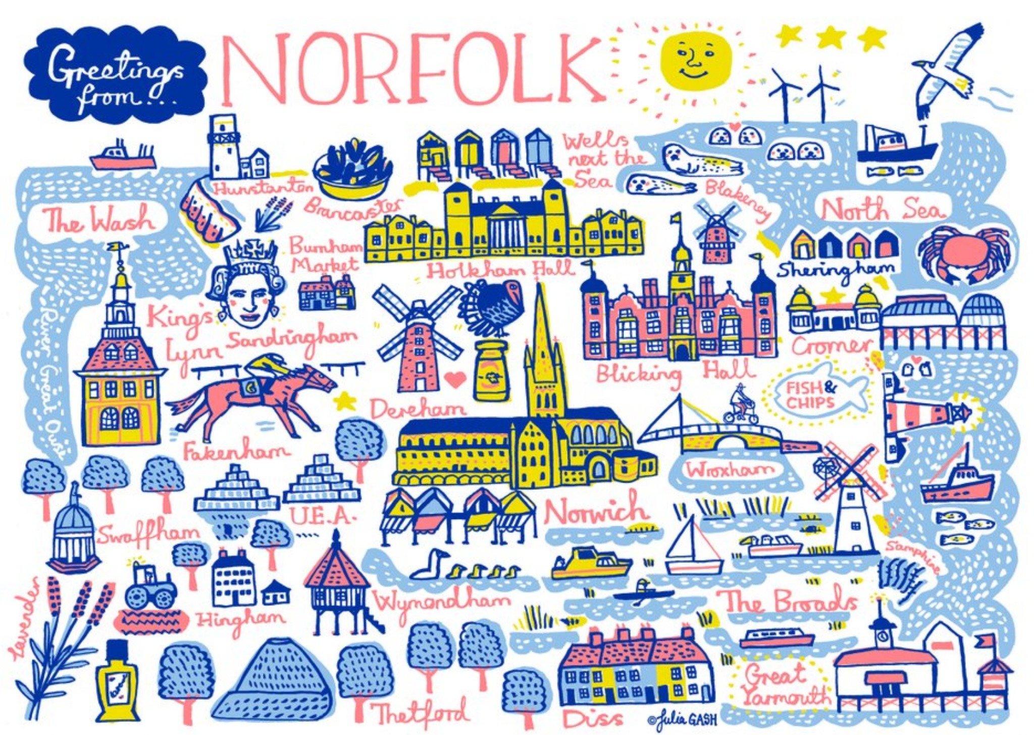 Illustrated Scenic Map Greetings From Norfolk Card Ecard