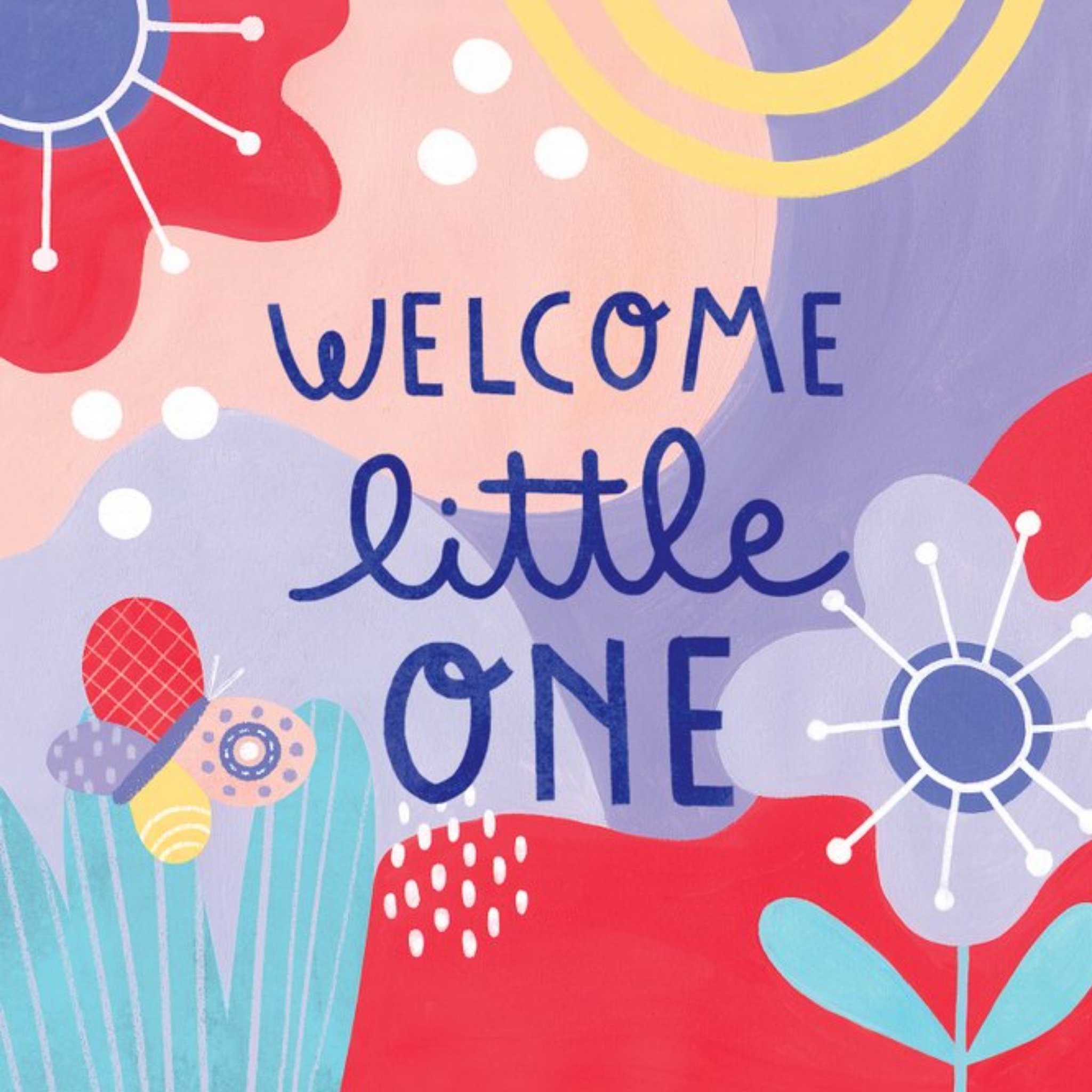 Colourful Typographic Floral Patterned Welcome Little One Card, Square