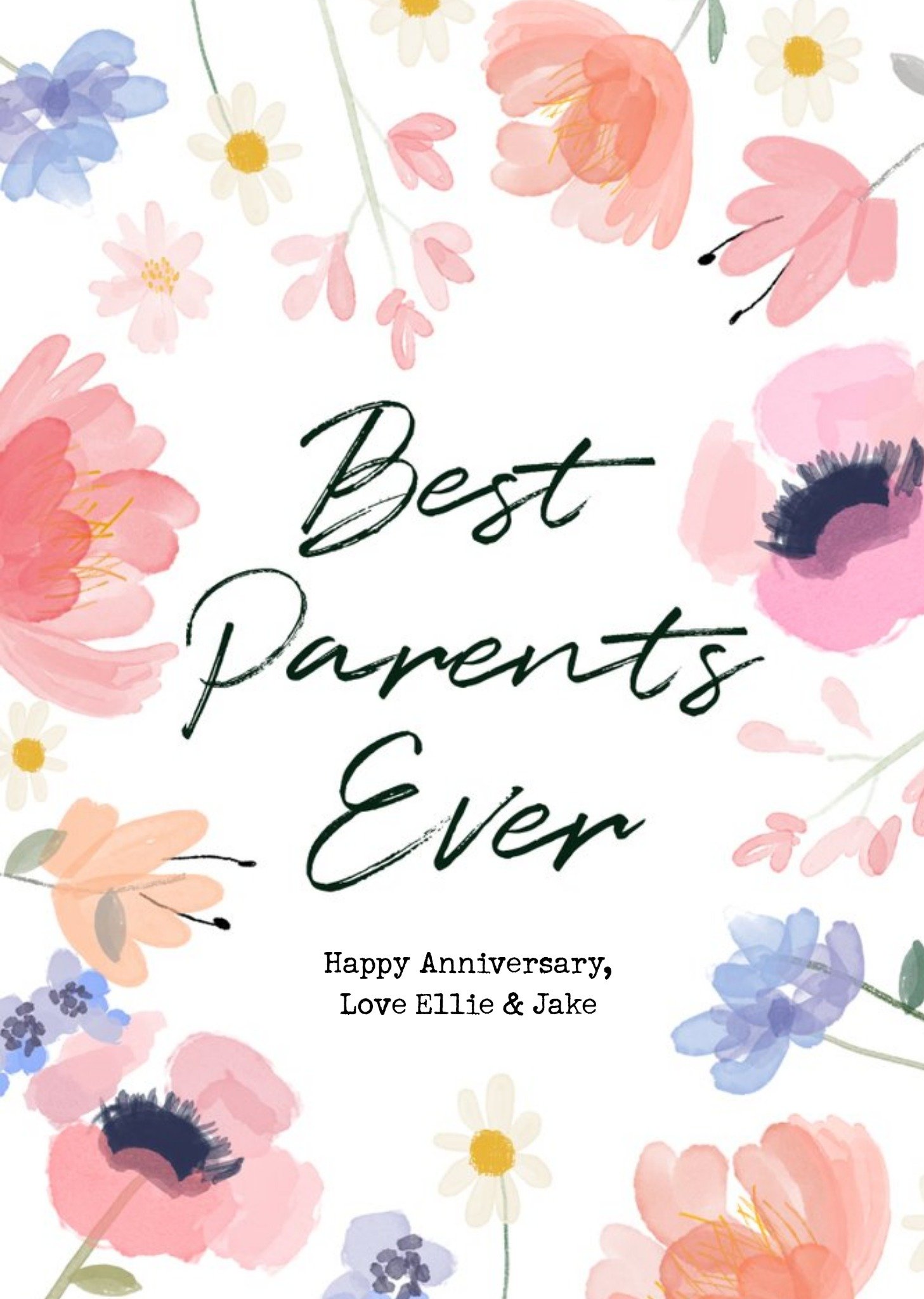 Best Parents Ever Floral Watercolour Anniversary Card Ecard